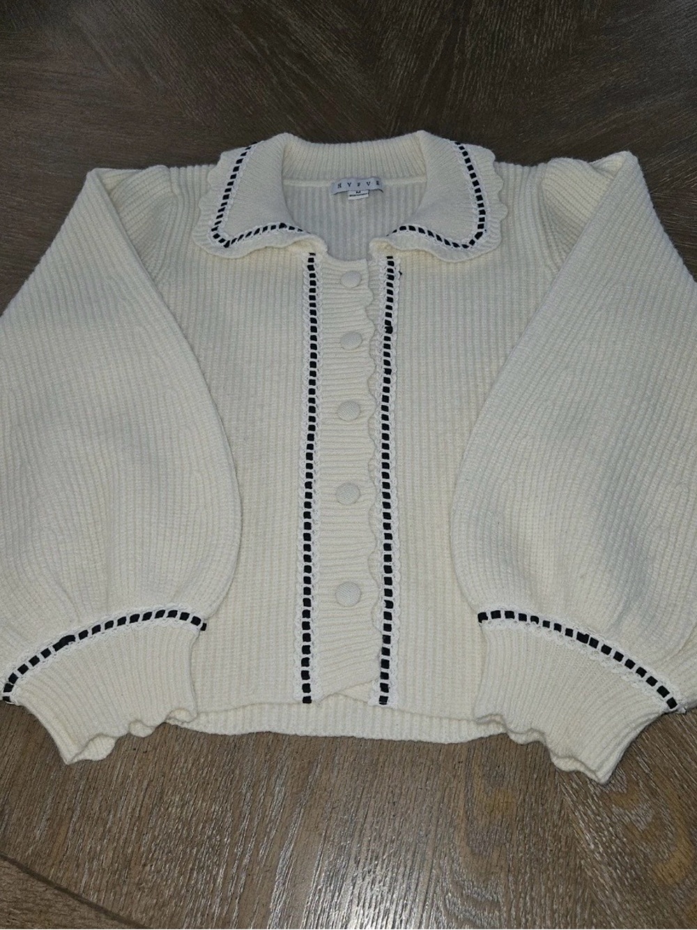 HYFVE Coquette Cream ribbed Cardigan Contrast Trim Peter Pan Collar Sweater M - Picture 3 of 16